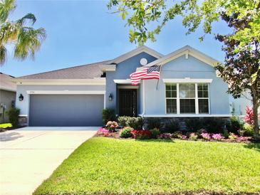Charming single-story home featuring lush landscaping and an American flag, offering inviting curb appeal at 17740 Bright Wheat Dr, Lithia, FL 33547