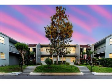 Charming condo exterior with a well-maintained lawn and mature trees at sunset at 14419 Americana Cir # 103, Tampa, FL 33613