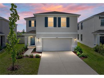 Charming two-story home featuring a well-manicured lawn, a two-car garage, and classic blue shutters at 30739 Penny Surf Loop, Wesley Chapel, FL 33545