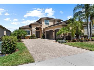 Beautiful two-story home featuring a paved driveway, two-car garage, stone accents, and mature landscaping at 31382 Chesapeake Bay Dr, Wesley Chapel, FL 33543