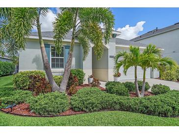 Charming home featuring beautiful landscaping with palm trees and lush green bushes at 7338 Milestone Dr, Apollo Beach, FL 33572