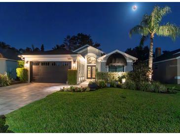 Beautifully landscaped home featuring a well-manicured lawn and elegant exterior lighting at 1310 Country Trails Dr, Safety Harbor, FL 34695