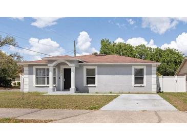 Charming single-story home with light gray exterior paint and a well-manicured lawn at 4816 E 99Th Ave, Tampa, FL 33617