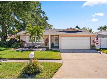 Charming single-story home with a well-manicured lawn, mature trees, and a two-car garage at 8763 Matthew St, Seminole, FL 33772