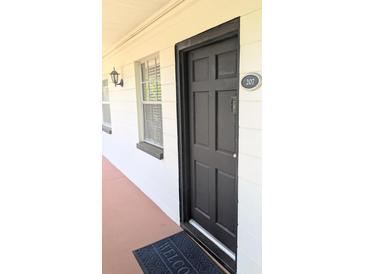 A welcoming entrance to unit 207 featuring a modern door, stylish exterior lighting, and a convenient peephole at 120 S Church Ave # 207, Tampa, FL 33609