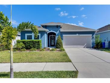 Charming single-story home featuring a well-manicured lawn and a two-car garage at 12123 Ledbury Commons Dr, Gibsonton, FL 33534