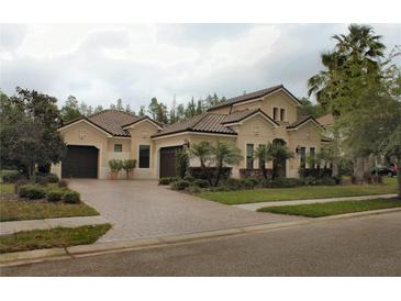 Stunning single-story home featuring a paver driveway, tile roof, and lush landscaping at 1509 Amarone Pl, Lutz, FL 33548