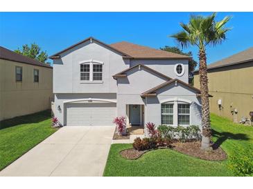 Charming two-story home featuring a well-maintained lawn, two car garage and a lovely palm tree at 8227 Bird Whistle Ln, Land O Lakes, FL 34637