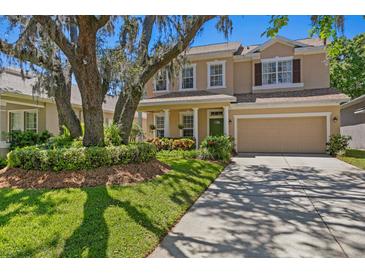 Charming two-story home featuring a well-manicured lawn, mature landscaping, and a welcoming two-car garage at 13312 Tiger Lilly Ln, Tampa, FL 33625