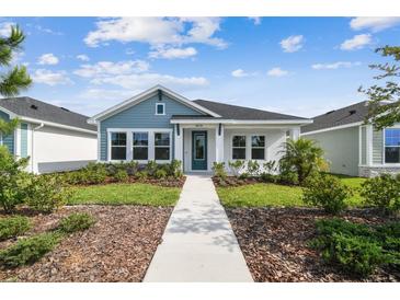 Charming single-story home with a blue accent and beautifully landscaped front yard at 28776 Rambutan Dr, Wesley Chapel, FL 33543