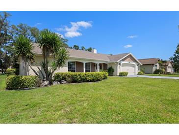 Charming home featuring a well-manicured lawn and lush landscaping, including palm trees and hedges at 12904 Teakwood Ln, Hudson, FL 34667