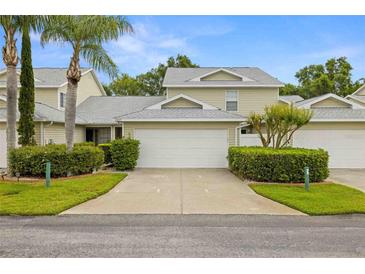 Charming home with a two-car garage, well-maintained landscaping, and mature palm trees in a residential neighborhood at 1640 Lullwater Ln, Lutz, FL 33549