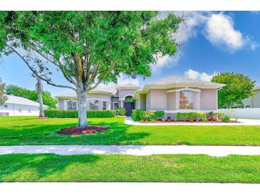Charming home featuring lush landscaping, a well-manicured lawn, and mature shade trees at 2250 Mountain Ash Way, New Port Richey, FL 34655