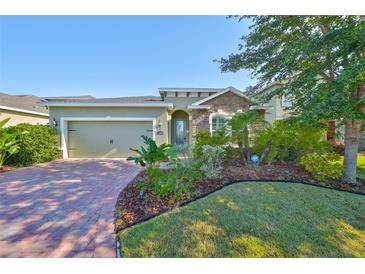 Charming single Gathering home with a beautifully landscaped front yard and brick paver driveway at 12206 Blue Pacific Dr, Riverview, FL 33579