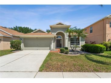 Charming single-Gathering home featuring a well-maintained lawn, a two-car garage, and neutral-toned exterior at 13812 Sigler St, Riverview, FL 33579
