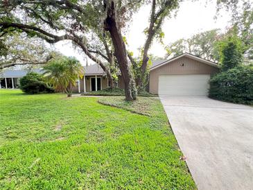 Charming single-story home featuring mature trees, green lawn, and an attached two-car garage at 3907 Applegate Cir, Brandon, FL 33511