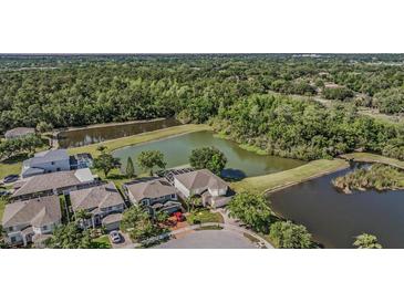 Beautiful aerial view of home with lush landscaping and tranquil pond views at 417 Ventura Dr, Oldsmar, FL 34677