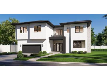 Striking modern two-story home with a clean white facade, black trim, and well-manicured landscaping at 2867 Sunstream Ln, Clearwater, FL 33759