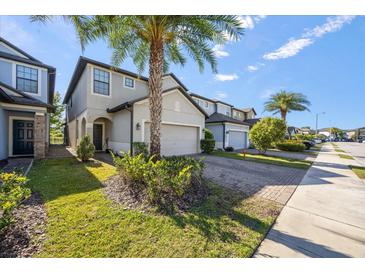Charming two-story home featuring a two-car garage, beautiful landscaping, and a welcoming front entrance with a palm tree at 1227 Ballard Green Pl, Brandon, FL 33511