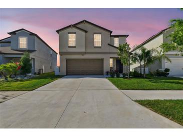 Two-story home with a two-car garage and a well-manicured front yard, complemented by a wide driveway at 12775 Maple Bonsai Dr, Riverview, FL 33579