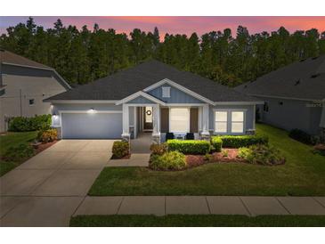 Charming single-story home with a well-manicured lawn and inviting front porch at dusk at 15329 Renaissance Ave, Odessa, FL 33556