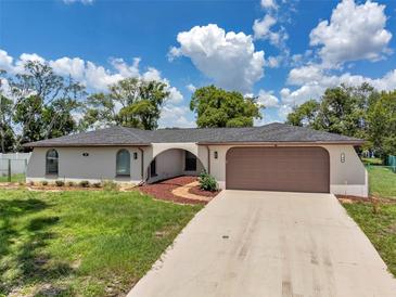 Charming home featuring a two-car garage, arched entryway, and well-maintained landscaping at 186 Dan River Dr, Spring Hill, FL 34606