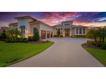 Stunning modern home featuring a three-car garage, meticulously landscaped yard, and a grand entrance at 10509 Broadland Pass, Thonotosassa, FL 33592