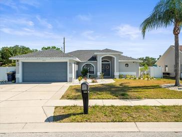 Charming single-story home with a well-manicured lawn, gray exterior, and two-car garage at 8702 Pinafore Dr, New Port Richey, FL 34653