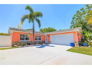 Charming coral home featuring a well-maintained front yard and a spacious two-car garage and a shade tree at 13024 124Th Ave, Largo, FL 33774