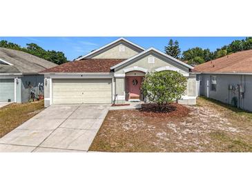 Charming single-Gathering home featuring a well-maintained lawn, neutral paint, and a two-car garage at 12322 Hawkeye Point Pl, Riverview, FL 33578