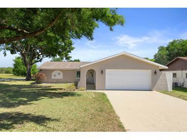 Charming single-story home with a well-maintained lawn and a two-car garage at 31076 Castle Ridge Drive, Brooksville, FL 34602