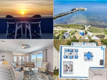 Multiple views from this home including beachside seating, island views, living room and rooftop deck at 228 Shore Dr, Tarpon Springs, FL 34689