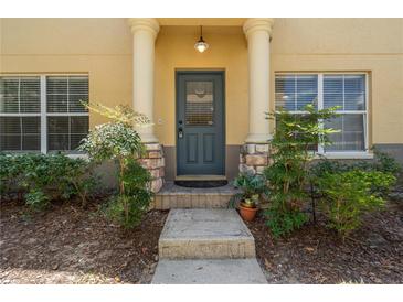 Inviting front entrance featuring stone accents, decorative columns, and lush landscaping at 246 Castlekeeper Pl, Valrico, FL 33594