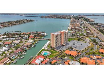 Stunning aerial view of a waterfront community featuring a high-rise condo with water views at 4900 Brittany S Dr # 211, St Petersburg, FL 33715