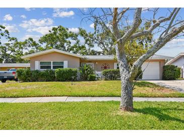 Charming single-story home with lush green lawn and mature landscaping, creating inviting curb appeal at 3072 Keene Park Dr, Largo, FL 33771