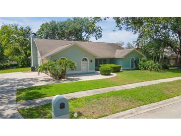 Inviting single-story home with lush green lawn, mature trees, and manicured bushes at 2505 Buckhorn Run Dr, Valrico, FL 33596
