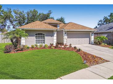 Charming home featuring a well-manicured lawn and beautiful landscaping, with a neutral exterior and attached garage at 1517 Little Brook Ln, Brandon, FL 33511
