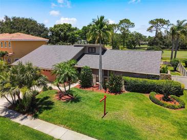 Beautiful home with well-manicured lawn, mature trees, and lush landscaping in a golf community at 3168 Masters Dr, Clearwater, FL 33761