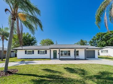 Charming single-story home with a well-manicured lawn and beautiful landscaping featuring mature palm trees at 352 79Th Ne Ave, St Petersburg, FL 33702