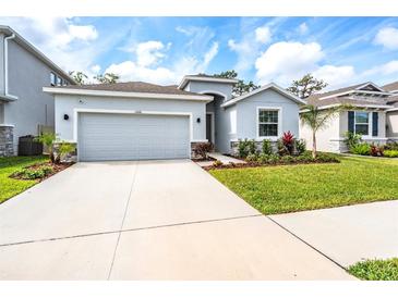 Charming one-story home featuring a well-maintained lawn and a two-car garage at 13061 Brookside Moss Dr, Riverview, FL 33579