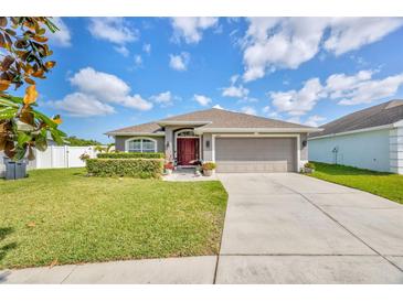 Charming home featuring a well-manicured lawn, clean driveway, and a two-car garage, set beneath a bright, cloudy sky at 14417 Barley Field Dr, Wimauma, FL 33598