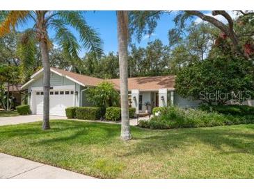 Charming single-story home featuring a well-manicured lawn, mature trees, and an attached two-car garage at 4765 Lake Valencia W Blvd, Palm Harbor, FL 34684