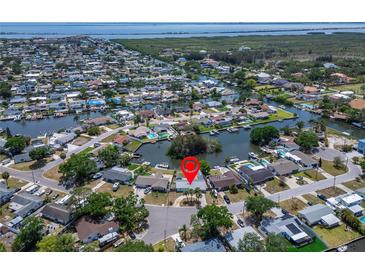 Aerial view of waterfront homes on canals with direct access to the bay and ocean in Bay Crest Park at 8702 Driftwood Dr, Tampa, FL 33615