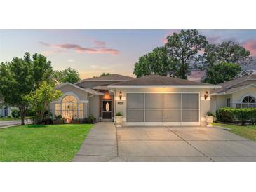 Charming single-story home with well-manicured lawn and attached two-car garage at sunset at 11026 Austin Ct, New Port Richey, FL 34654