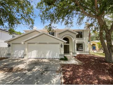 Charming two-story home with a well-manicured lawn, three-car garage, and attractive architectural details at 8114 Pond Shadow Ln, Tampa, FL 33635