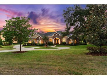 Stunning exterior view of home featuring beautiful landscaping, circular drive, and stone accents under a colorful sky at 10614 Low Oak Terrace, Thonotosassa, FL 33592