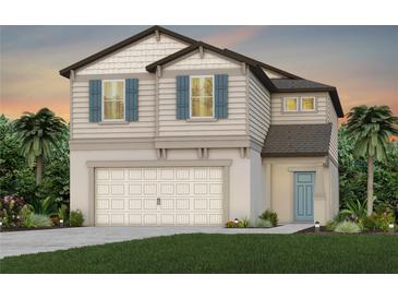 Two-story home featuring blue shutters, neutral siding, and a two-car garage, set against a twilight sky at 9959 Trellis Vine Way, Parrish, FL 34219