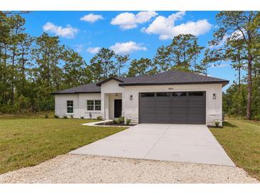 Modern single-story home boasts a two-car garage, manicured lawn, and contemporary design at 16431 Penn State Rd, Weeki Wachee, FL 34614