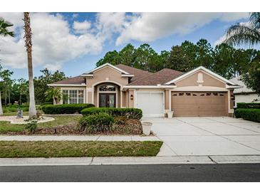 Stunning single-story home featuring a manicured lawn, neutral stucco, and an attached two-car garage at 617 Glastonbury Ct, Spring Hill, FL 34609