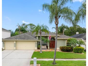 Charming single-story home with a well-manicured lawn and mature palm trees, creating an inviting curb appeal at 10213 Lockwood Pines Ln, Tampa, FL 33635